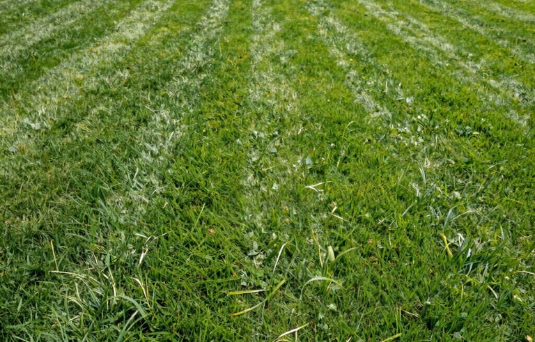 A lush, vibrant green residential lawn in a North American suburb with perfect mowing patterns and clean edges, bright midday sun lighting.