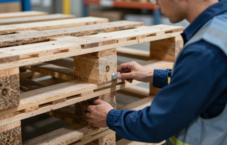 A close-up of a technician in a safety vest inspecting a wooden pallet for quality in a North American warehouse. Professional and trustworthy mood with light gray-blue and dark blue colors in the composition.