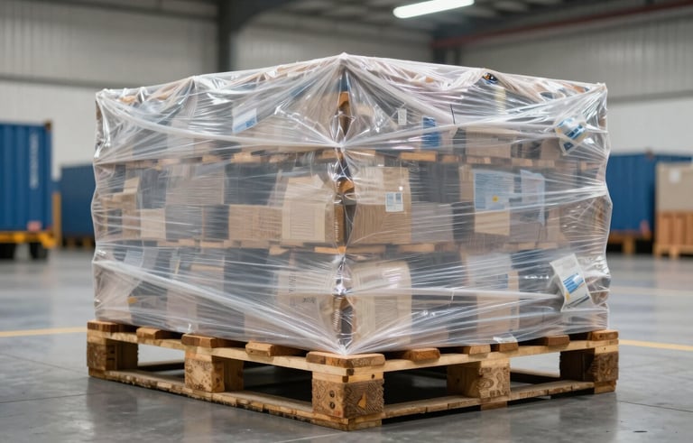 Detailed photography of a perfectly shrink-wrapped palletized load in a North American logistics hub. The background shows an efficient, clean shipping dock with muted blue industrial elements and off-white lighting.