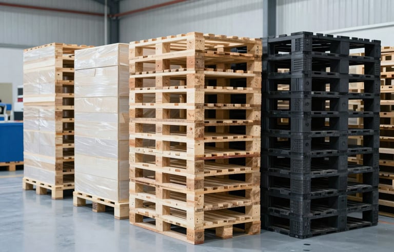 A wide-angle photography shot of a professional North American manufacturing facility with neatly organized stacks of new wooden and high-grade black plastic pallets. The setting is clean, brightly lit with natural light, featuring a palette of off-white and muted blue tones.