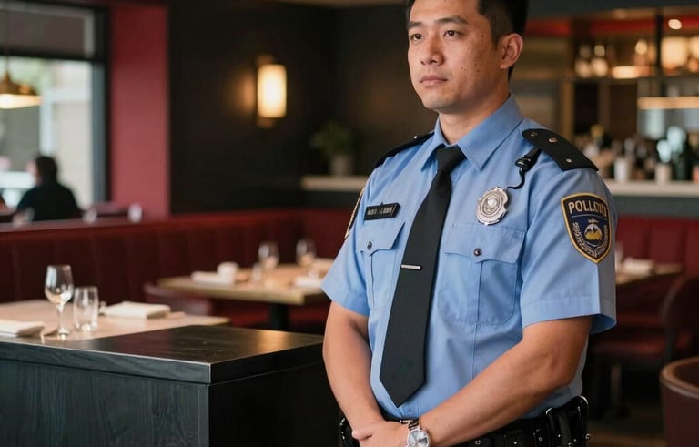 A discreet security professional standing near a restaurant host stand in a sophisticated dining room, North American / US. The background shows warm lighting and a modern aesthetic with deep black and red accents. The atmosphere is calm and secure.