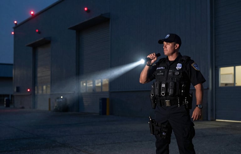 A licensed security guard patrolling the perimeter of a large warehouse at night, North American / US. The guard is using a flashlight against a dark grey industrial exterior with red emergency lights in the distance. Professional and vigilant mood.