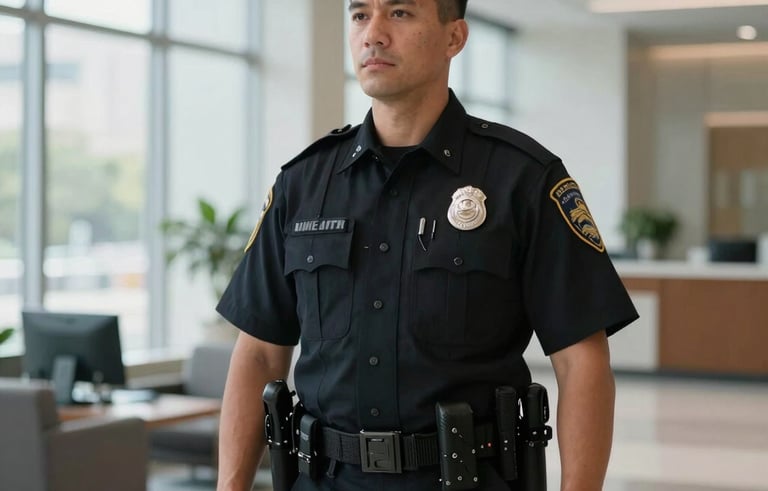 A professional security guard in a crisp black uniform with a visible badge, standing in a bright, modern corporate office lobby in the Dallas-Fort Worth area, North American / US. The lighting is clean and professional, emphasizing a sense of security and trust. Shallow depth of field with office windows in the background.