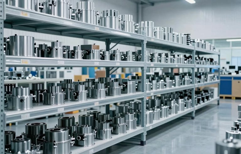 A sophisticated wide-angle shot of a clean, high-tech industrial warehouse with shelves of precision-engineered metal components. The lighting is bright and professional with a cool blue and white palette, reflecting a global professional standard of organization and safety.