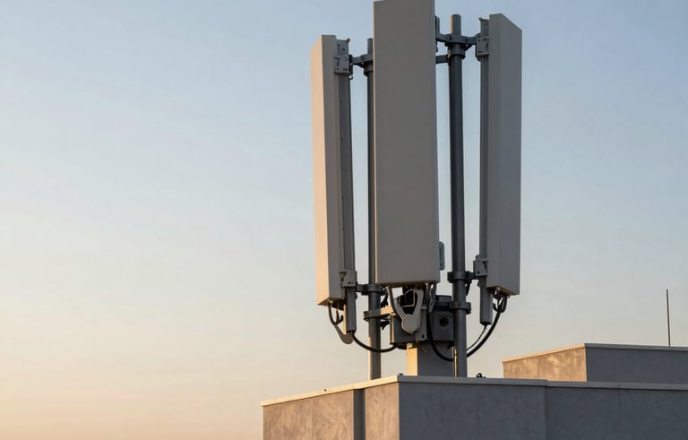 A high-tech telecommunications antenna installed on a modern building rooftop in a Brazilian city. The background shows a clear sunset sky with pale blue and off-white horizons. Professional architectural photography style.