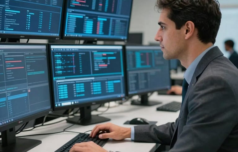A South American IT expert working in a modern network operation center. Multiple monitors displaying data streams in medium blue and navy colors. The person is dressed in professional attire, reflecting a trustful business environment.