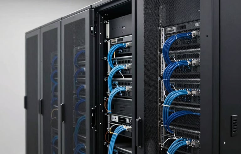 Professional photography of a modern server room setup in a South American corporate office. The composition shows clean, organized cabling in light blue and navy tones, with soft, efficient LED lighting against off-white walls. High-tech, minimalist atmosphere.