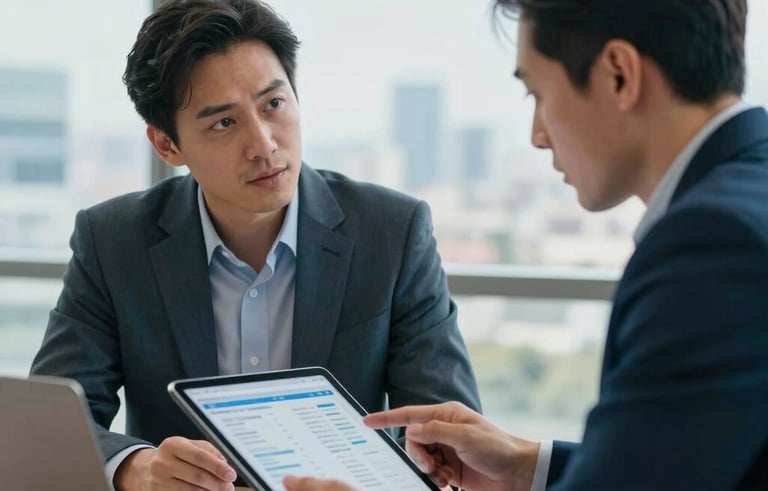 A professional meeting in a bright Australian office setting. Two colleagues in business attire discussing strategy, with a focus on a digital tablet showing clean data. Airy composition, highlighting expertise. Colors include charcoal teal and sky blue.