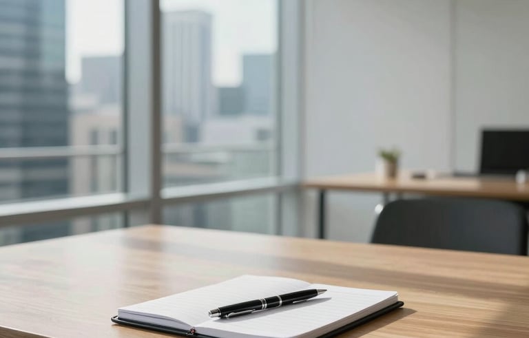 Photography of a modern minimalist office interior in a major Oceania / Australian city. A polished timber table with a professional notepad and a sleek pen. Soft natural morning light streaming through large windows. Professional, clean, and sophisticated style using soft white and mist blue tones.