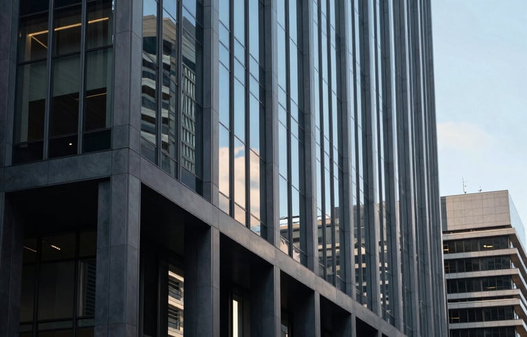 An architectural shot of a contemporary corporate building in Melbourne, Oceania / Australian region. Glass facade reflecting a clear sky. Sophisticated, established feel with strong leading lines. Palette features steel blue and muted slate blue tones.