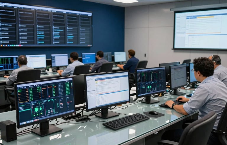 A modern Operations Control Center (OCC) in Brazil, showing clean glass desks and multiple high-resolution monitors displaying server status and system health. The lighting is professional, featuring dark blue and light gray accents.
