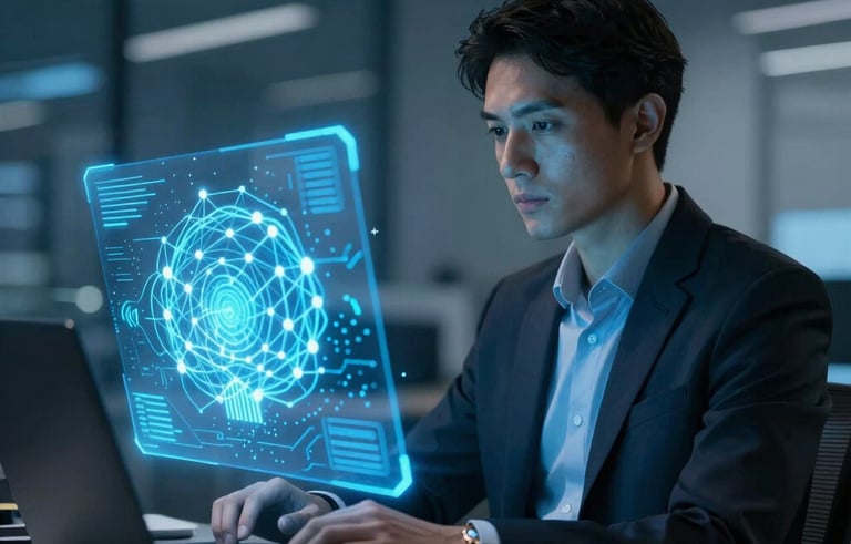 A high-end, futuristic office setting in a South American / Brazilian metropolitan center where a professional developer is working with a glowing blue holographic interface representing artificial intelligence nodes and neural networks. Elegant lighting with dark blue and cyan tones, professional photography style.