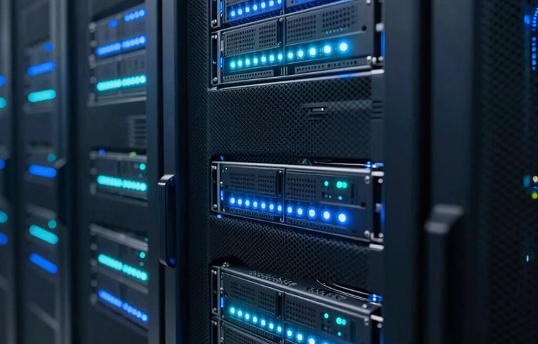 Sleek, professional close-up of high-tech server racks in a secure Brazilian data center. The scene is illuminated by glowing blue and cyan status LEDs, emphasizing a cold, secure, and modern technological environment.