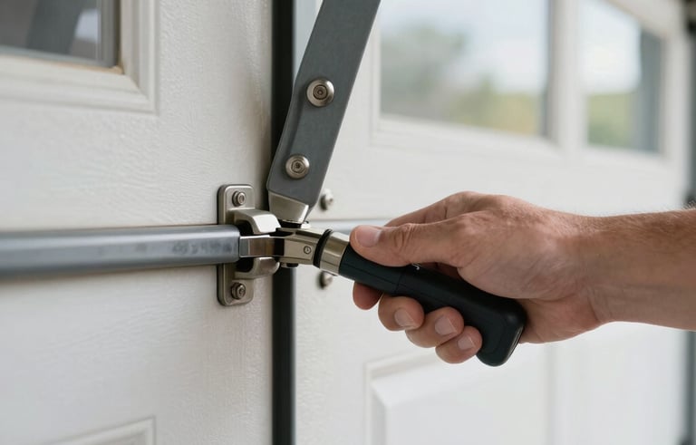 A close-up shot of a professional hand performing a safety check and lubricating the metal hinges of a garage door in a bright North American garage setting.