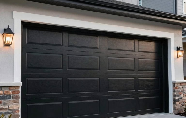 A modern North American suburban home with a newly installed set of stylish black steel garage doors. Professional real estate photography, clean and elegant composition.