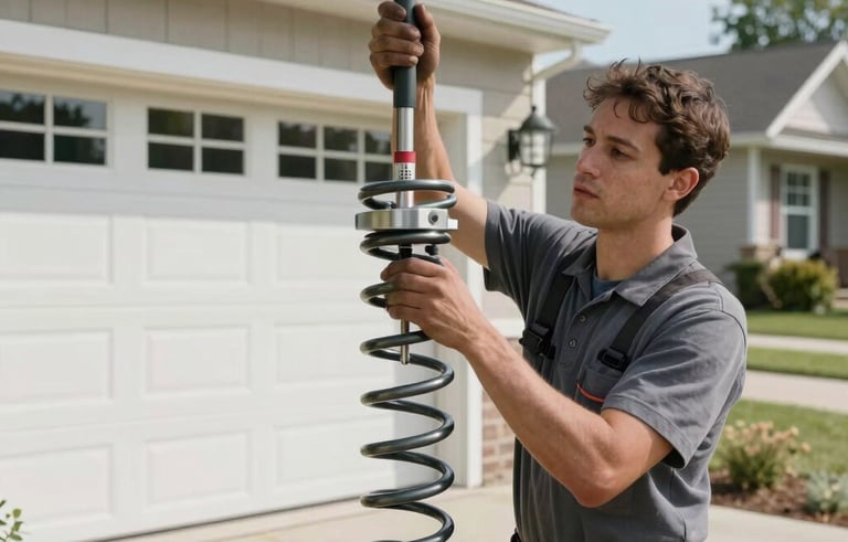 A professional repair technician in a North American suburban driveway working on a garage door torsion spring. High-quality photography, clear daylight, focused on mechanical repair.