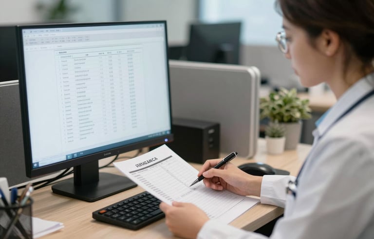 Modern office setting in North America, a care manager reviewing medical charts on a screen, organized workspace, trustworthy and sophisticated atmosphere.