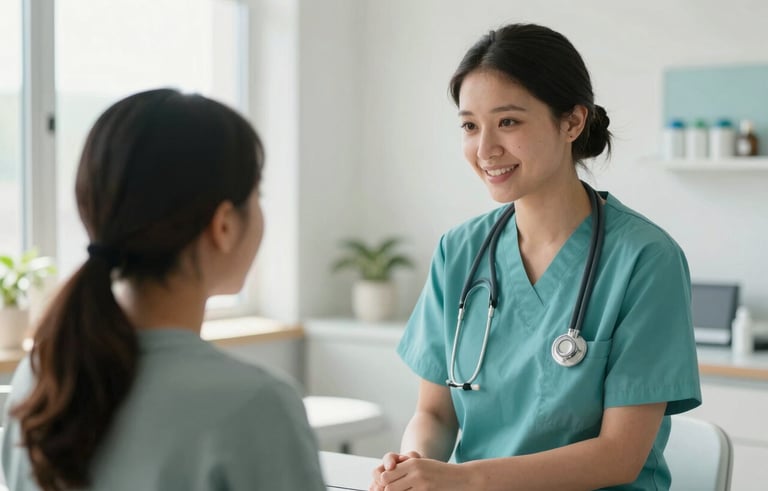 Candid photography of a professional healthcare assistant in a bright North American clinic, interacting compassionately with a patient, soft morning light, clean white and teal interior.