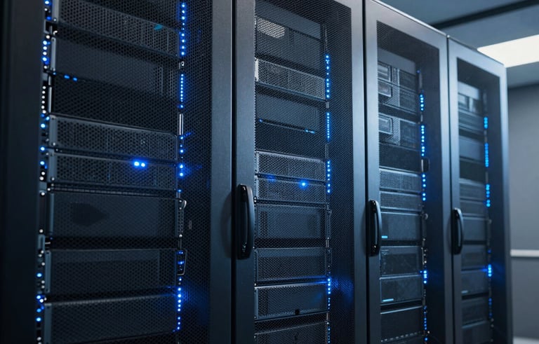 A sleek, professional photography shot of a high-tech server room in a North American data center, with soft blue ambient lighting on brushed metal surfaces and glowing server racks, emphasizing precision and innovation.