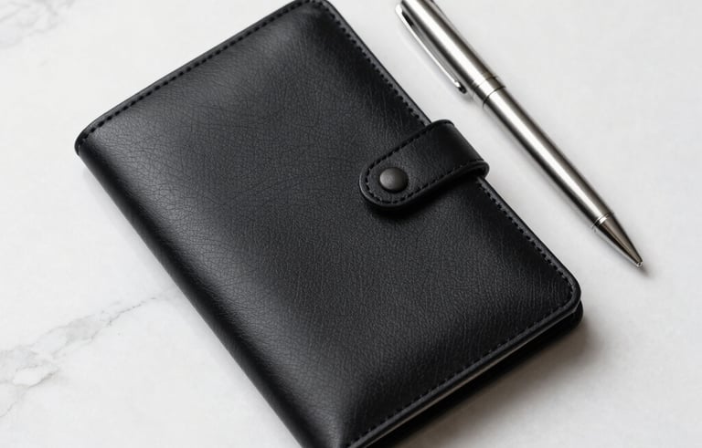 An overhead flat lay of a luxury black leather portfolio and a sleek silver pen on a white marble surface. North American / US executive aesthetic, sharp focus, clean composition.