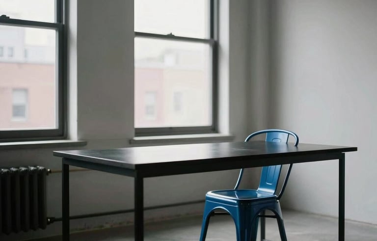 A high-end, minimalist creative studio space in a North American / US city. Large windows with soft natural light, a clean black desk, and a single steel blue designer chair. Professional and quiet atmosphere.
