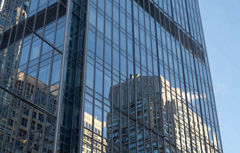 A close-up photograph of a modern glass skyscraper reflecting a clear blue sky in a major North American / US financial district. Refined, architectural, and powerful style.