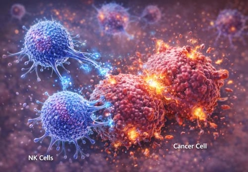Natural killer cells attacking a cancer cell in a 3D medical illustration of immunotherapy.