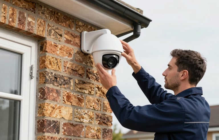 Professional technician in a navy blue uniform installing a modern white dome CCTV camera on the exterior brick wall of a contemporary UK suburban home. Bright, soft daylight, high-quality digital security photography style.