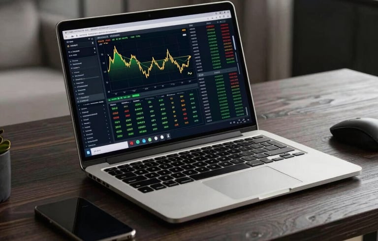 A high-end laptop on a minimalist dark wood desk in a luxury South Asian / Indian apartment, screen showing live trading data, professional desk setup with green and gold accents.