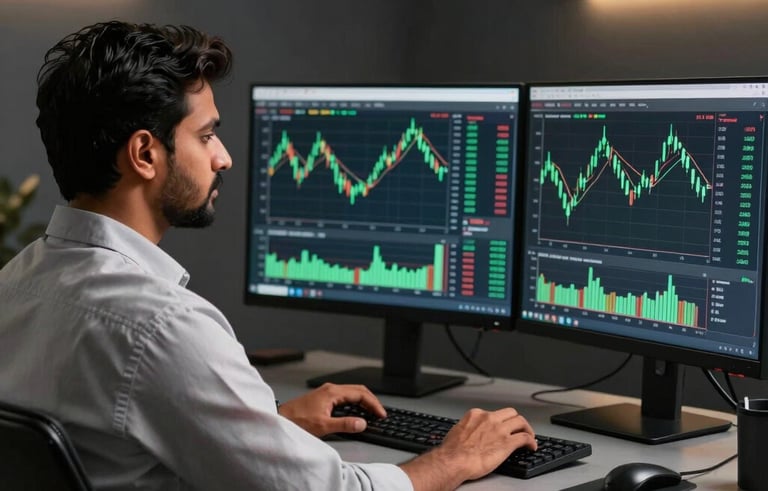 A professional South Asian / Indian male trader sitting at a sleek desk with dual monitors displaying green candlestick charts in a modern, moody dark grey room with subtle golden lighting.