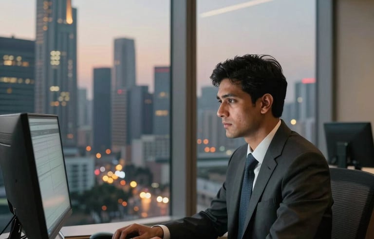 A focused trader in a high-end corporate office in Mumbai, overlooking a city skyline at dusk, the room reflecting a professional atmosphere with gold and dark grey tones.