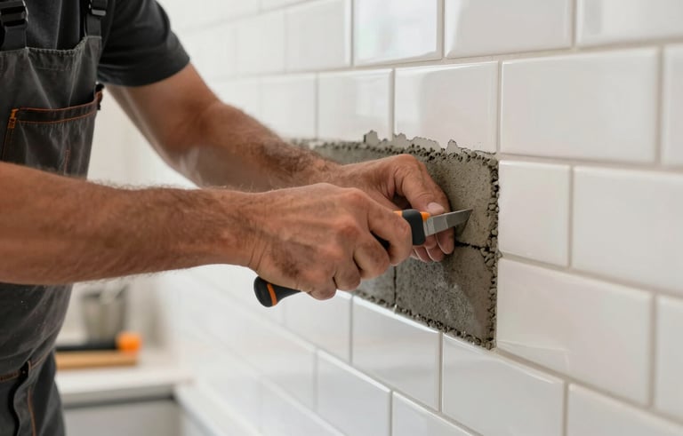 A close-up photograph of a professional craftsman in North American work attire carefully applying grout to a subway tile backsplash. The scene is bright and clean, featuring dark charcoal tools and off-white tiles, reflecting precision and modern elegance.