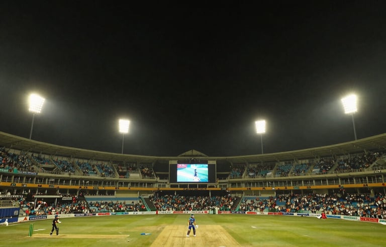 Cinematic wide-angle photography of a majestic South Asian cricket stadium at night, bright golden floodlights illuminating the pitch, dark sky, capturing high-energy atmosphere.