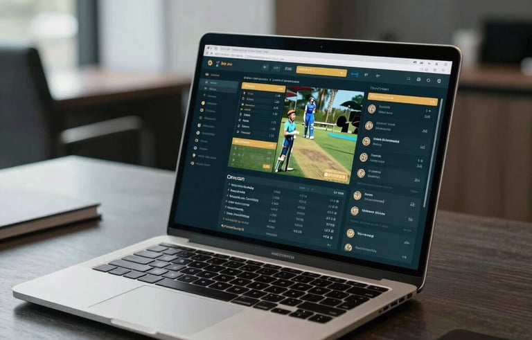 High-end professional photography of a modern luxury office in India, a laptop on a dark desk showing a secure dashboard with cricket statistics, gold and muted teal color palette.
