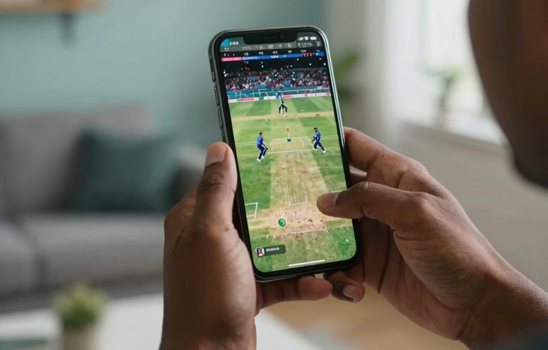 Close-up photography of a South Asian person's hand holding a high-end smartphone displaying live cricket action, set in a modern living room with soft muted teal and white lighting, shallow depth of field.