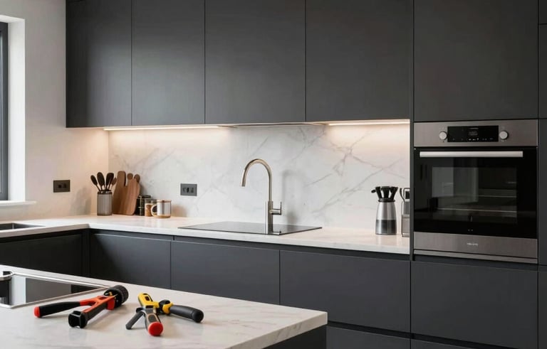 Interior photography of a sleek, modern kitchen renovation in a British home. High-contrast design featuring dark charcoal cabinets and white marble, with professional construction tools visible on a workbench.