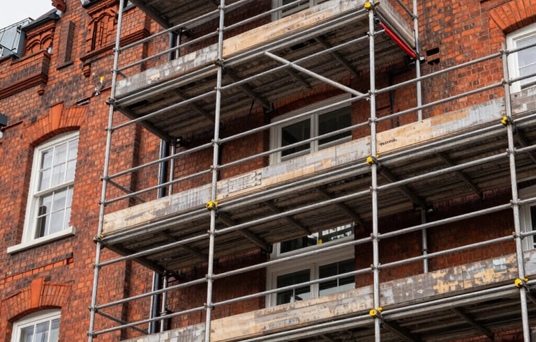 A professional shot of a high-quality scaffolding installation surrounding a traditional London red-brick building. Sharp focus on safety rails and yellow footings, bright daylight, Northern European / British architecture.