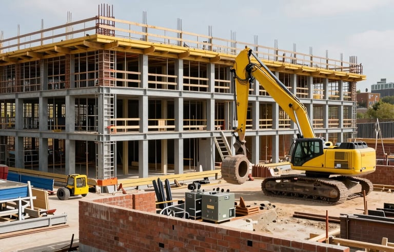 A wide-angle professional photograph of a modern residential construction site in London, showing steel structures and brickwork under a bright sky, featuring vibrant construction yellow accents on equipment, Northern European / British setting.
