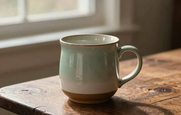 An earthy hand-thrown ceramic mug sitting on a rustic wooden table near a window with soft morning light, reflecting a warm, tranquil atmosphere of slow living. Pacific Northwest home in a North American / US setting. The color palette features soft sage green, warm cream, and dark brown accents. Professional warm lifestyle photography.