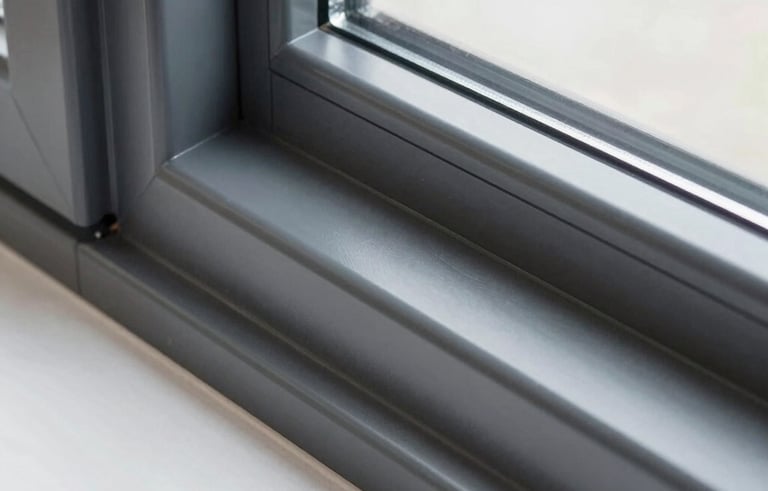 A close-up photograph of a modern Northern European window frame being transformed with premium architectural foil in a matte anthracite gray. The image shows the clean lines and precision of the application.
