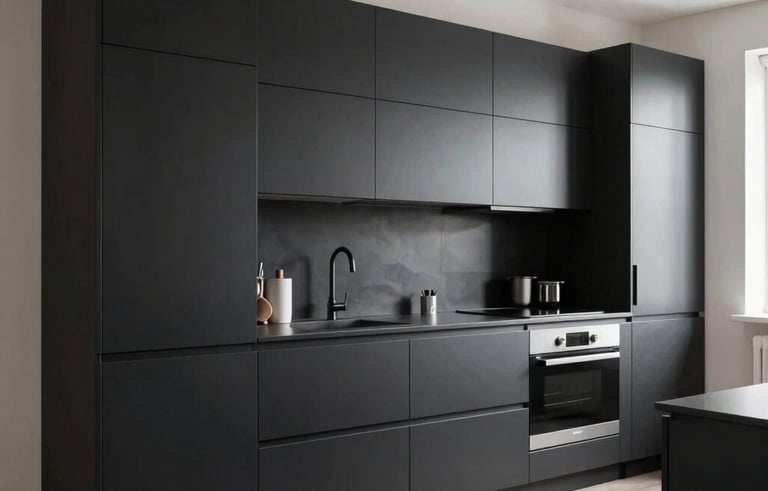 A high-end modern kitchen in a Northern European home with cabinets professionally wrapped in a sleek matte black foil. The composition is clean and minimalistic with soft natural light hitting the smooth surfaces, emphasizing the high-quality finish.