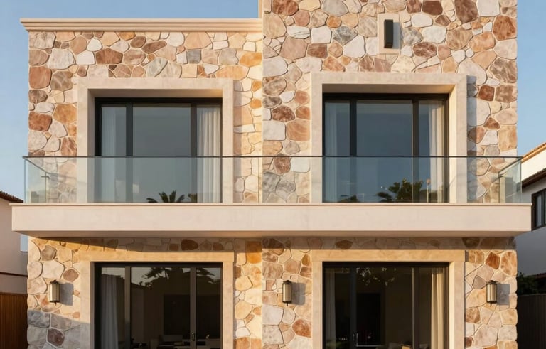 A wide-angle photography shot of a completed luxury villa facade in Portugal, showcasing masterfully executed masonry and stone cladding. The lighting is warm golden hour, emphasizing reliability. Rosy brown and off-white color palette.