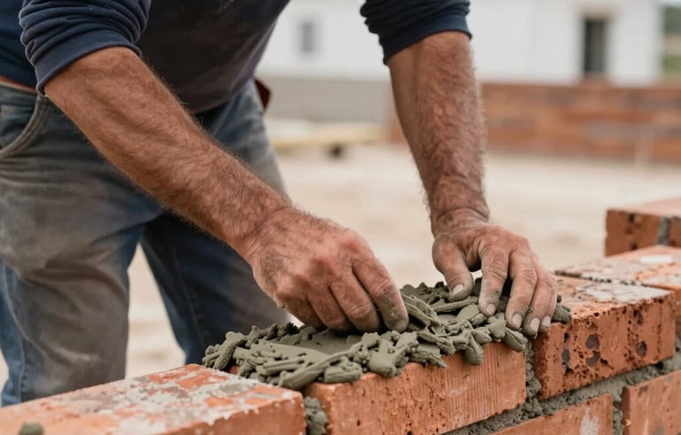 A sharp, eye-level photograph of a skilled mason's hands laying a traditional brick wall in a residential area of Portugal. The mortar is expertly applied. Soft morning light reveals the texture of the materials. Professional, reliable mood with navy and silver color tones.