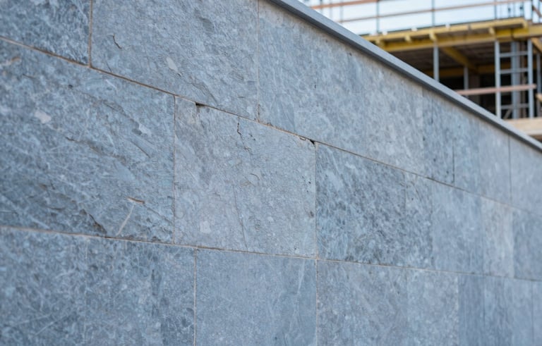 A professional architectural shot of a construction project in Portugal. Focus on a newly built stone wall with clean, modern lines. The scene is bright and highlights the craftsmanship and durability. Blue-grey and light steel blue tones.