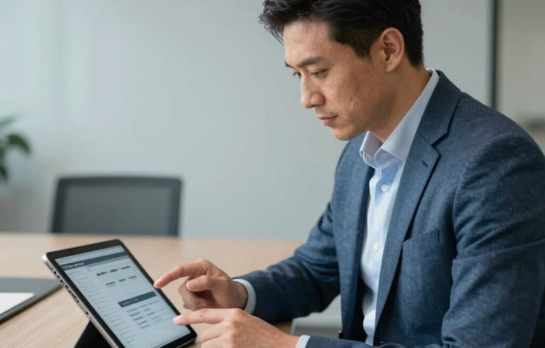Photography of a real estate professional reviewing digital workflows on a tablet in a well-lit US corporate boardroom, depicting streamlined reliability. Features slate blue and light grey hues.