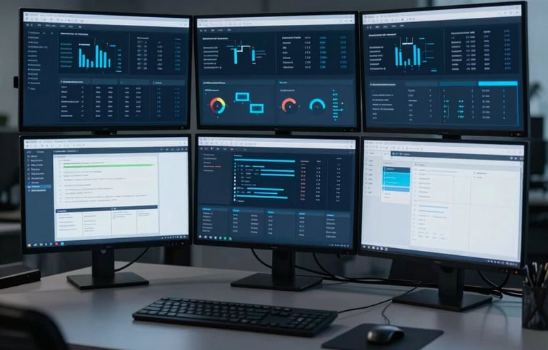 Photography of a sophisticated multi-monitor setup in a modern North American office, displaying automated backend systems and data dashboards. Minimalist and clean aesthetic utilizing dark navy and soft blue tones.