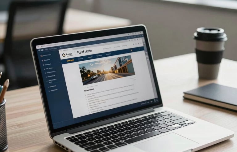 Photography of a modern North American office desk with a clean laptop displaying digital real estate documents, bathed in natural light, conveying professional efficiency. Accents of dark blue and subtle gold.
