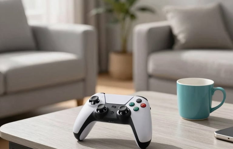 Photography of a bright North American living room with a sleek modern gaming controller sitting on a light gray wooden coffee table next to a teal ceramic mug. The atmosphere is clean and inviting with soft morning sunlight.
