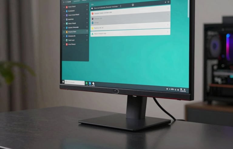 Close-up of a high-performance gaming monitor displaying a vibrant teal and silver menu, reflected on a dark charcoal desk in a modern North American apartment. Sharp focus, professional lighting.