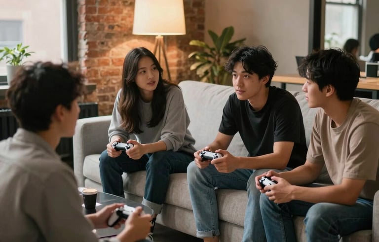 A group of young adults in a North American urban loft, sitting on a light gray sofa, engaged in conversation while holding controllers. The scene is inspiring and community-focused with warm, soft-box lighting.